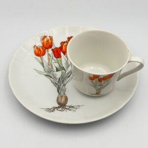 Mann Fine China Orange Tulip Botanical Snack Set Cup and Saucer Vintage Japan
